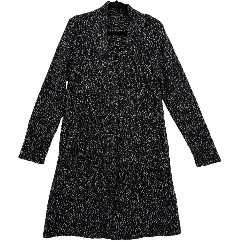 J McLaughlin Long Line Cardigan Large Black White Marled Knit Cotton Merino Wool